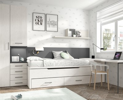 Chambre jeune avec lit gigogne, armoire et bureau avec meuble amovible