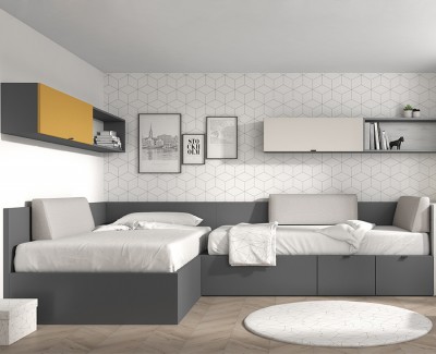 Chambre ado avec 2 lits compacts, coffre de rangement, tiroirs, bureau amovible et étagères