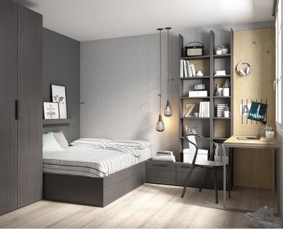 Chambre ado avec lit compact avec coffre, bureau avec étagères, et armoire à portes battantes