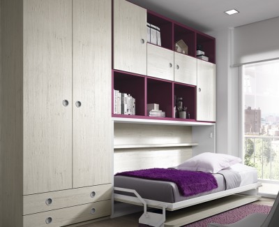 Chambre ado composée de lit escamotable, armoire et étagères