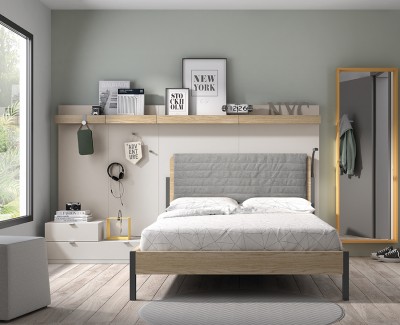 Chambre ado avec lit double, avec panneaux étagères, patères, et tiroirs de rangement