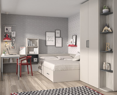 Chambre avec lit compact avec coffre et tiroirs, avec bureau et armoire