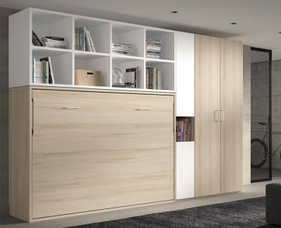 Chambre avec lit escamotable horizontal avec étagères et armoires
