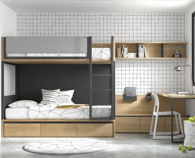 Chambre ado avec lit superposé et bureau avec étagères et tiroirs