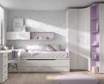 Chambre enfant avec lit gigogne avec tiroirs, armoire d'angle, armoire de finition, et bureau avec tiroirs
