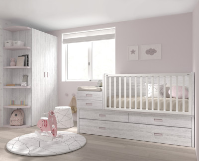 Chambre bébé avec lit convertible en chambre enfant, et armoire