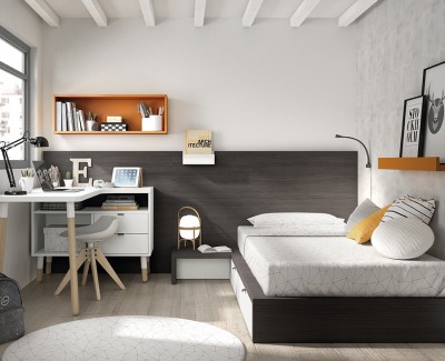 Chambre ado avec lit tatami avec 2 tiroirs, et bureau avec espace de rangement