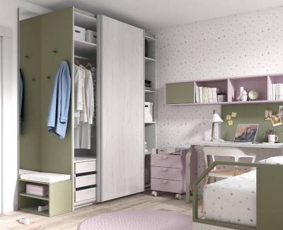 Chambre ado avec lit compact avec tiroirs, armoire, meuble de finition avec miroir, bureau avec caisson à roulettes