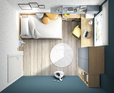 Chambre ado avec lit compact avec 4 tiroirs, bureau avec étagères, armoire et meuble à étagères
