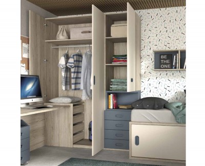 Chambre enfant avec deux lits compacts, armoires et bureau avec module à roulettes