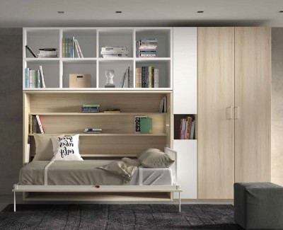 Chambre avec lit escamotable horizontal avec étagères et armoires