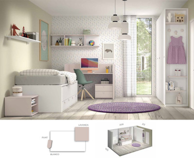 Chambre avec lit bébé convertible en lit et bureau enfant, et armoires