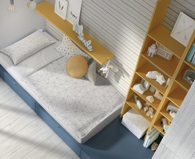 Chambre enfant avec lit compact avec 2 tiroirs, meuble à étagères, et armoire à 4 portes