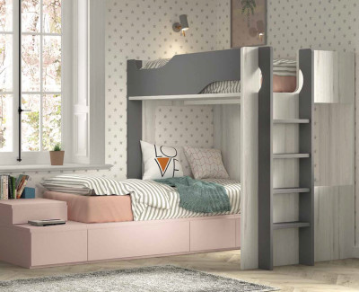 Chambre avec lit superposé enfant avec lit compact avec tiroirs et bureau