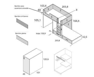 Lit superposé avec armoire et 2 tiroirs