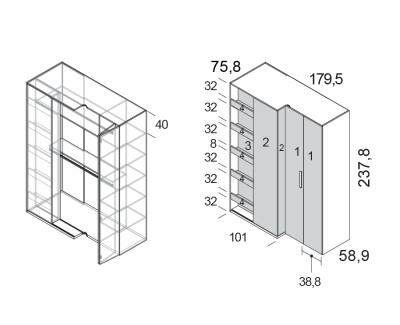 Armoire d'angle avec 2 portes pliantes, 1 colonne coulissante et étagères