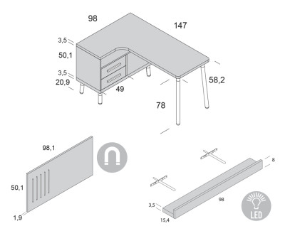Bureau en L avec 2 tiroirs