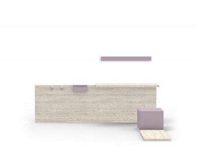 Schreibtisch mit einem Regal, einem Schrank mit Schublade und einem Podest