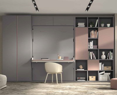 Jugendzimmer mit Schrankbett, Schreibtisch, Kleiderschrank und Bibliothek