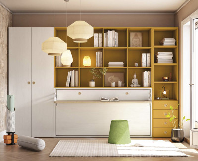 Chambre avec lit escamotable avec bureau, étagères, tiroirs et armoire