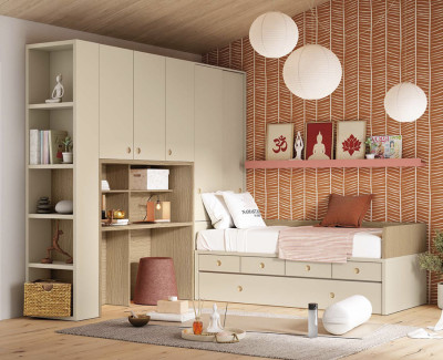 Chambre avec lit gigogne avec 4 tiroirs, armoire et bureau