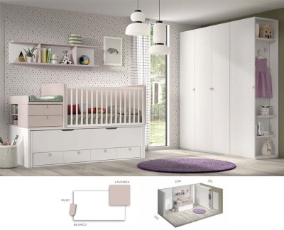 Schlafzimmer mit zum Bett umwandelbarem Babybett und Kinderschreibtisch sowie Kleiderschränken