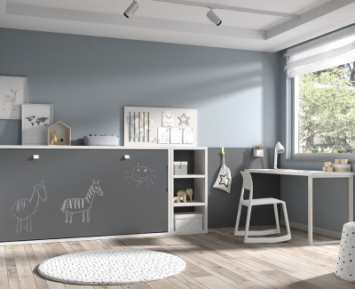 Chambre enfant avec lit escamotable avec etagère et bureau