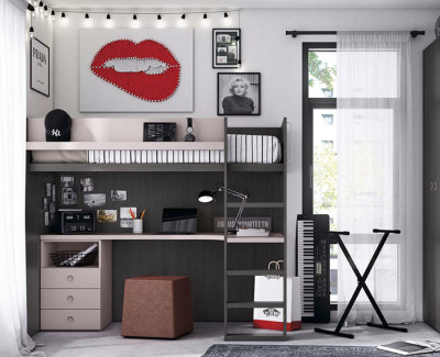 Lit mezzanine avec bureau et 3 tiroirs