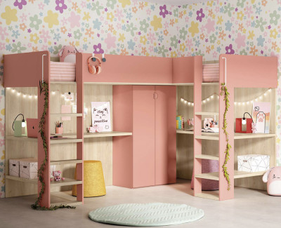 Lit mezzanine double avec bureau et armoire