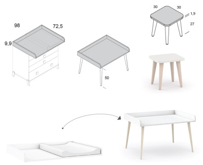 Table à langer pour commode de 98cm convertible en table enfant