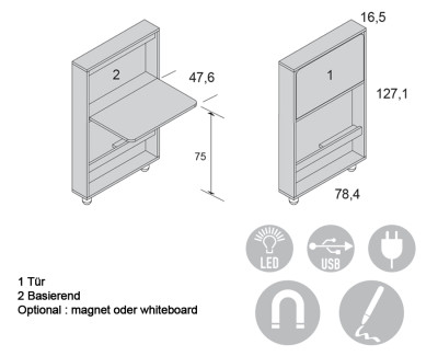 Klappbarer Wandschreibtisch mit magnetischem Boden, LED-Licht, USB-Anschluss und Steckdose