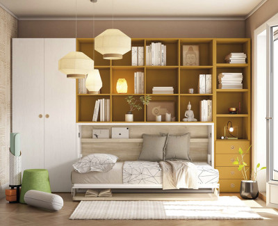 Chambre avec lit escamotable avec bureau, étagères, tiroirs et armoire