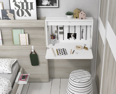 Chambre enfant avec lit simple avec tiroir et tête de lit, armoire à portes coulissantes et bureau rabattable