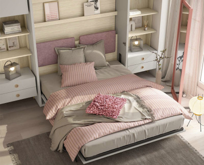 Chambre ado avec lit escamotable, armoires pont, bureau avec étagères et tiroirs