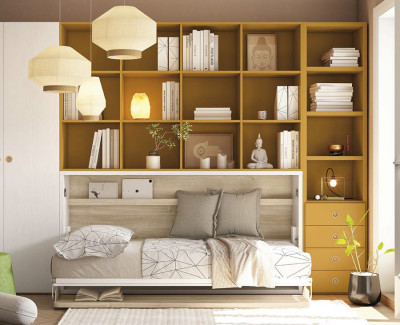 Lit escamotable horizontal avec étagères et bureau