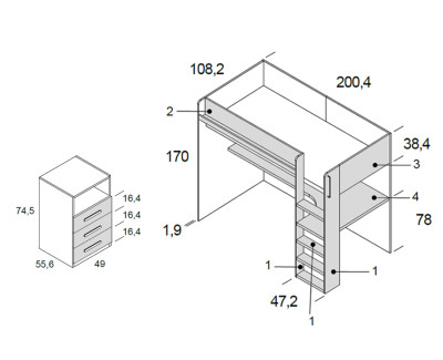 Lit mezzanine avec bureau et 3 tiroirs