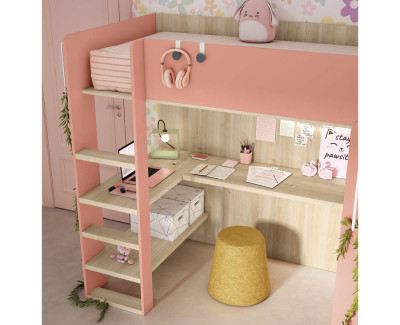 Lit mezzanine double avec bureau et armoire