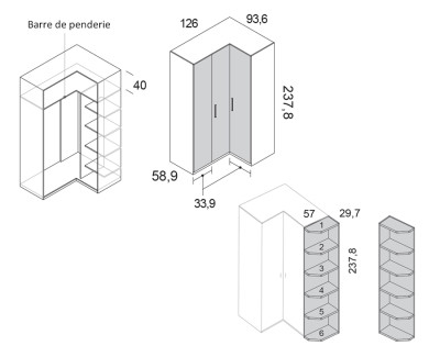 Armoire d'angle avec portes pliantes et meuble de finition avec étagères